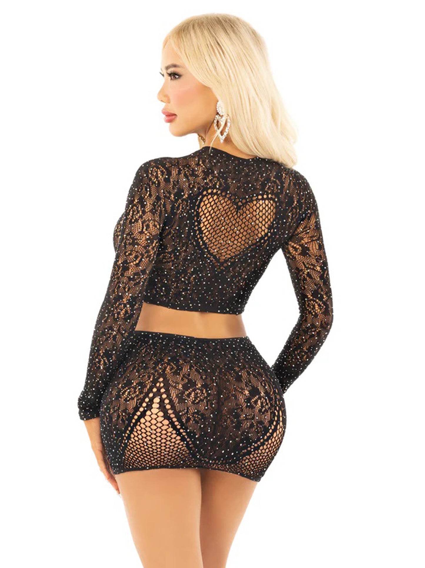 Black 2pc Rhinestone Lace and Net Crop Top with - Heart Keyhole Mini Skirt - Os | 714718573892 | Available at EroticWarehouse.com