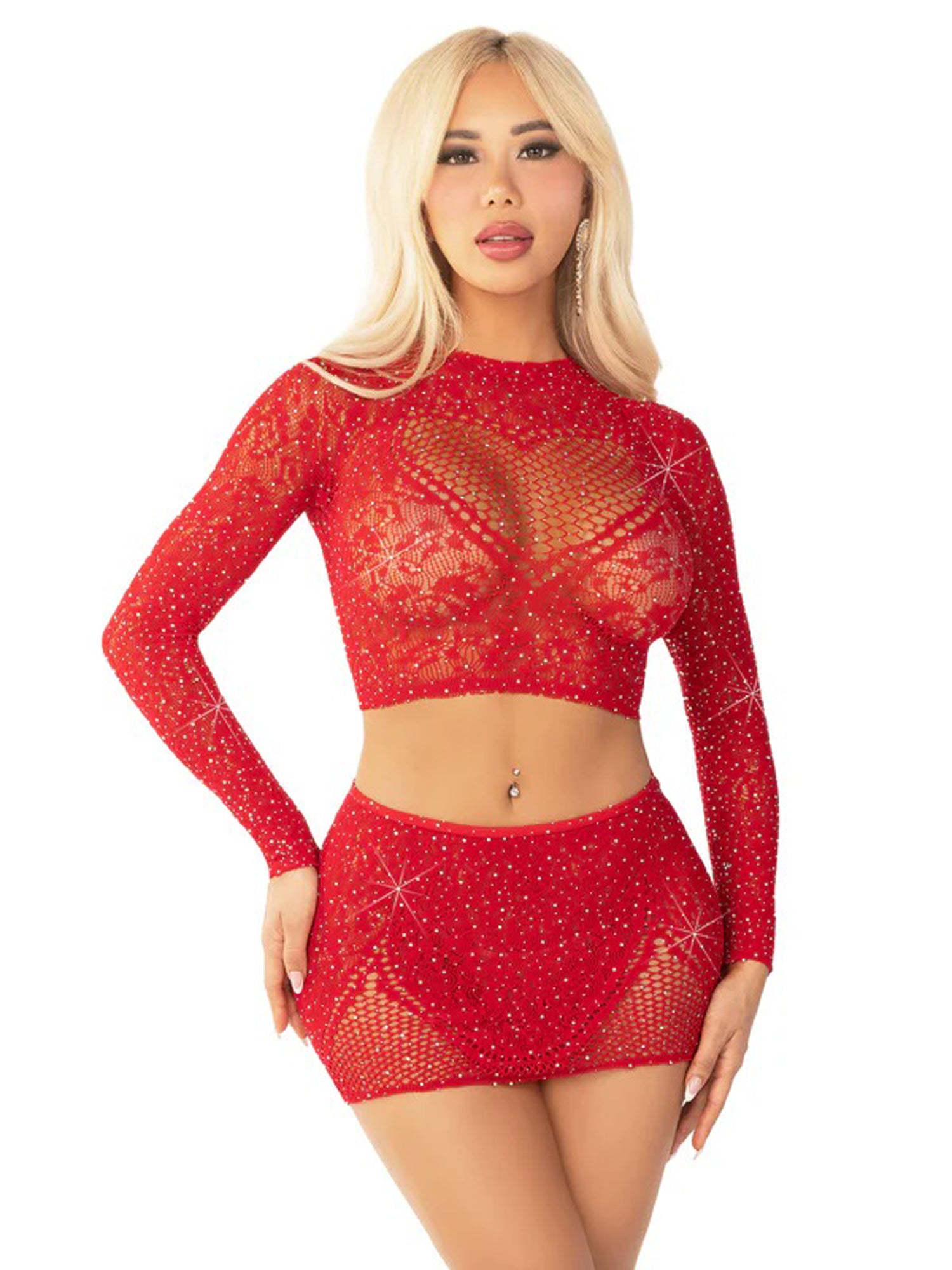Red 2pc Rhinestone Lace and Net Crop Top with - Heart Keyhole Mini Skirt - Os | 714718573908 | Available at EroticWarehouse.com