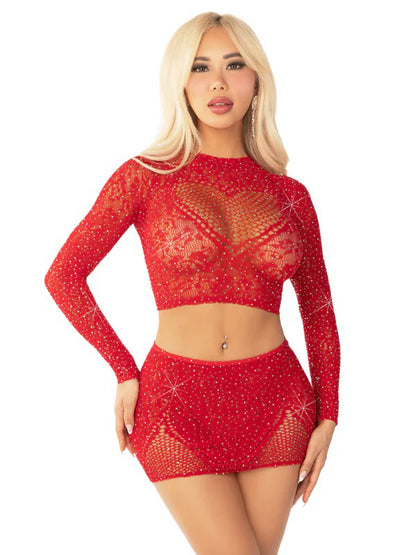Red 2pc Rhinestone Lace and Net Crop Top with - Heart Keyhole Mini Skirt - Os | 714718573908 | Available at EroticWarehouse.com