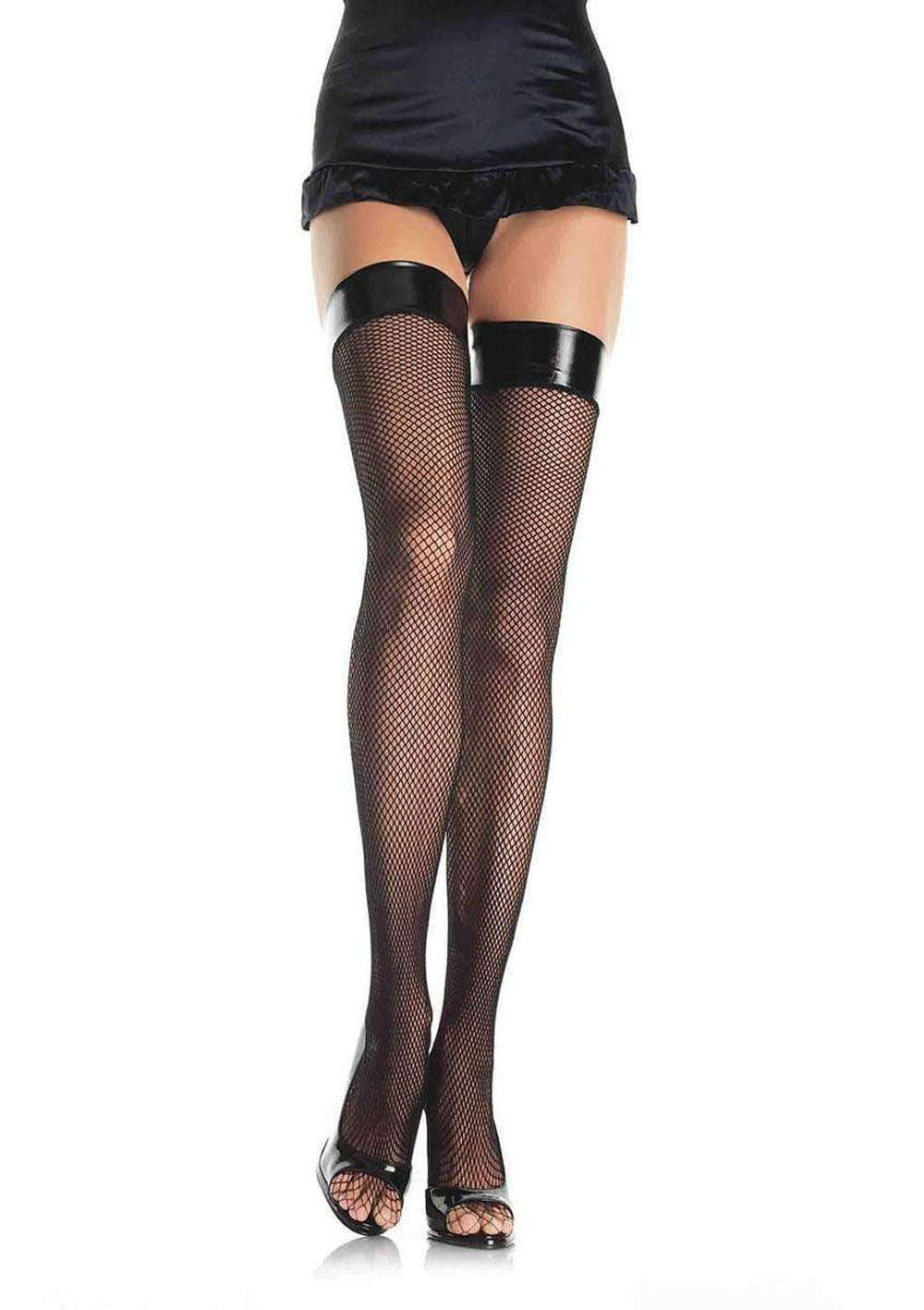 Vinyl Top Fishnet Thigh Highs - One Size - Black | 714718010915 | Available at EroticWarehouse.com
