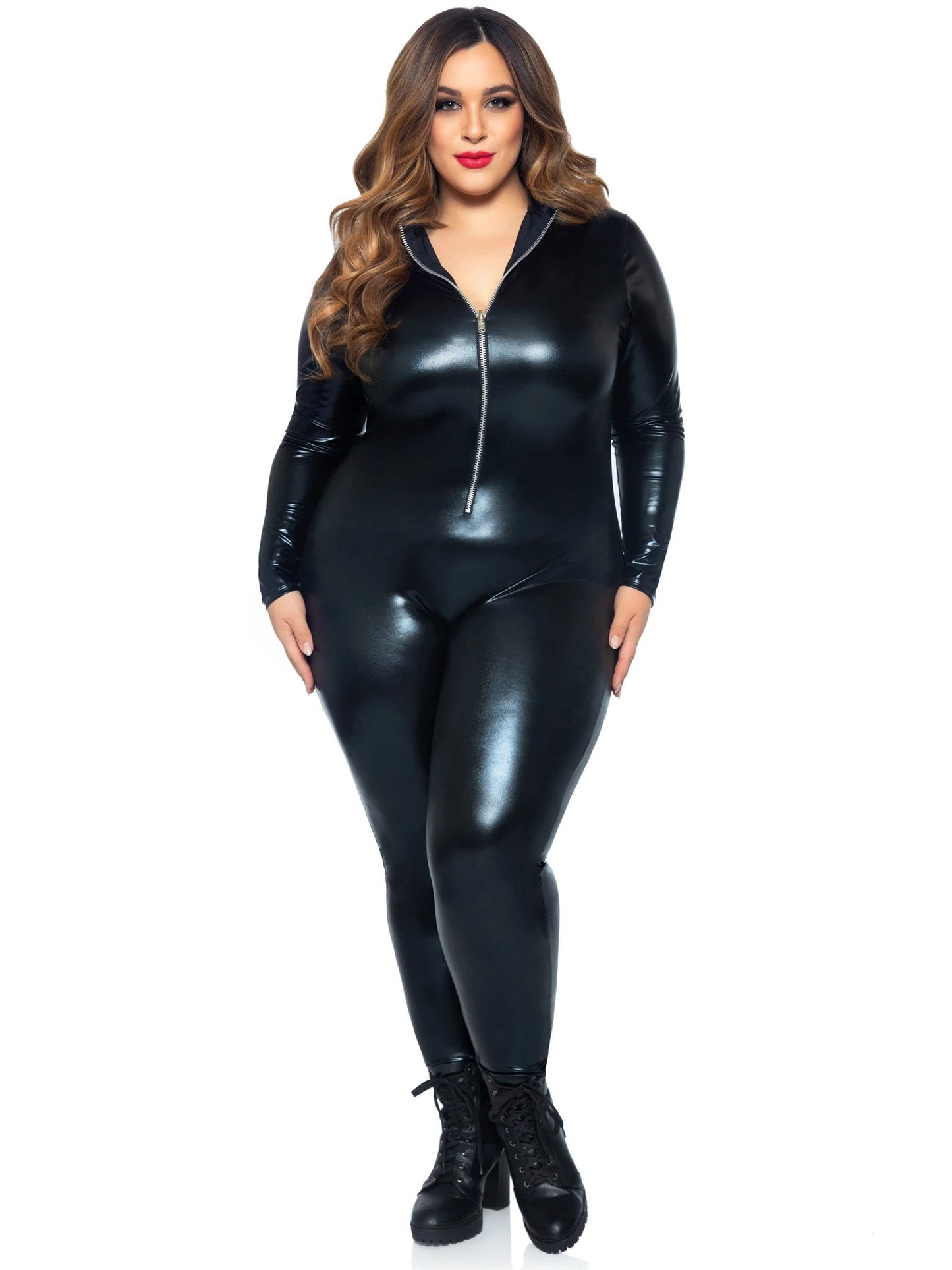 Lame Zipper Front Catsuit - 1x/2x - Black | 714718557069 | Available at EroticWarehouse.com