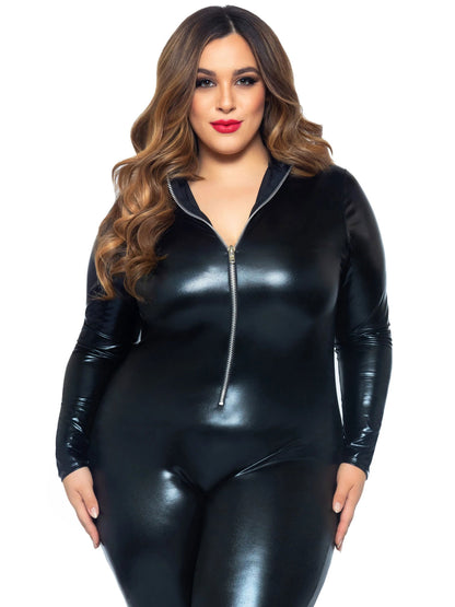 Lame Zipper Front Catsuit - 1x/2x - Black | 714718557069 | Available at EroticWarehouse.com
