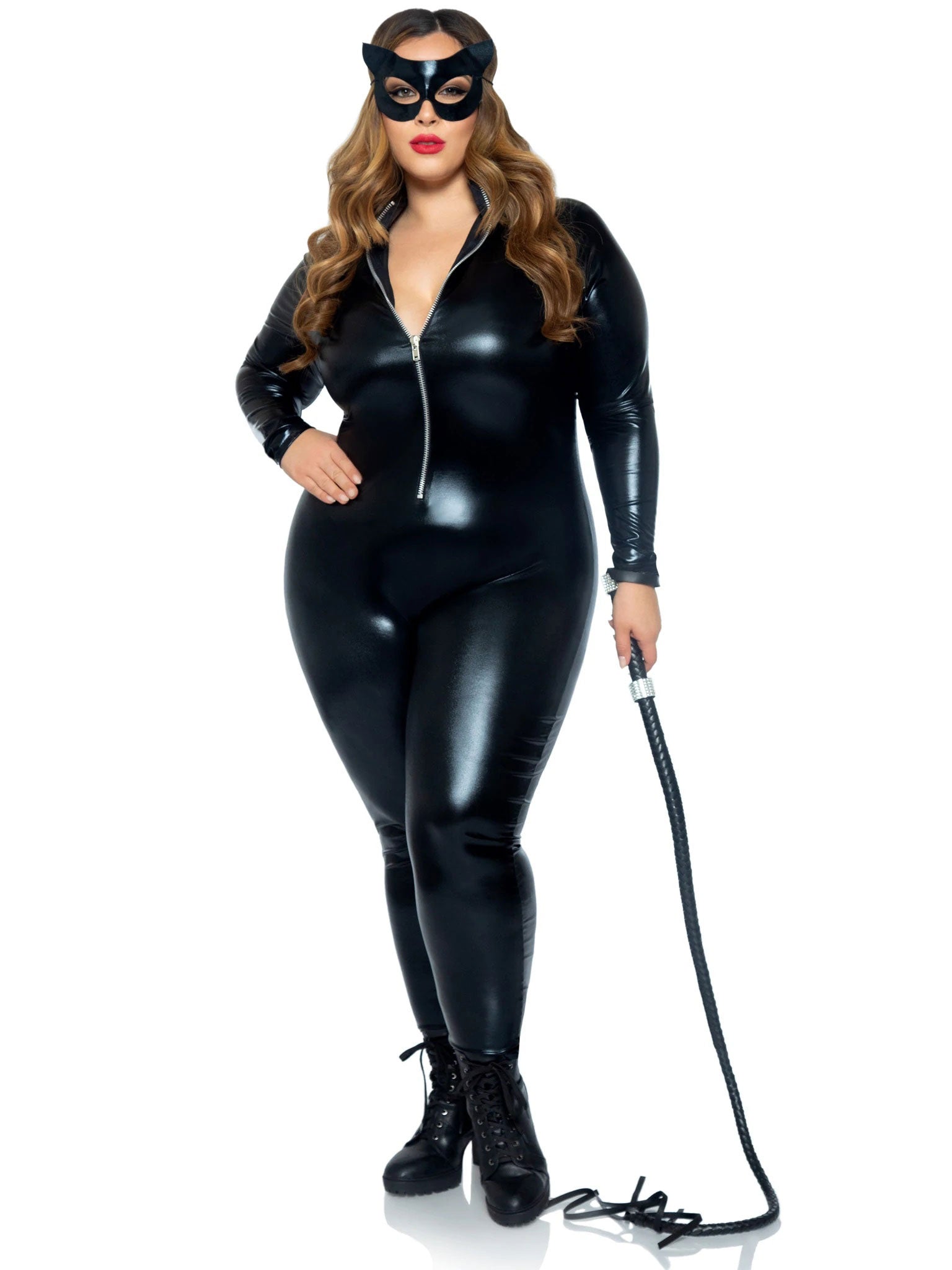 Lame Zipper Front Catsuit - 1x/2x - Black | 714718557069 | Available at EroticWarehouse.com