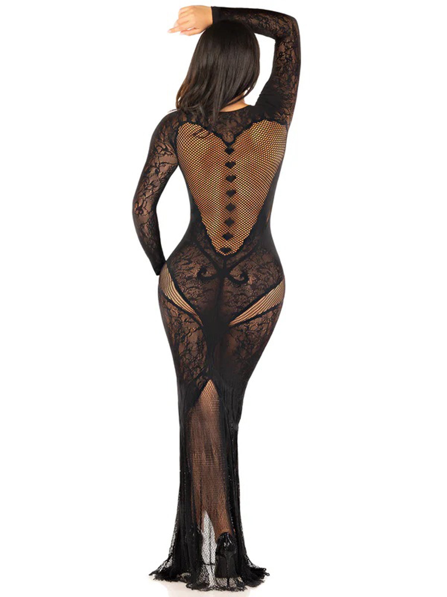 Black Lace and Net Body Con Gown - With Heart Keyhole Detail - Os | 714718573878 | Available at EroticWarehouse.com