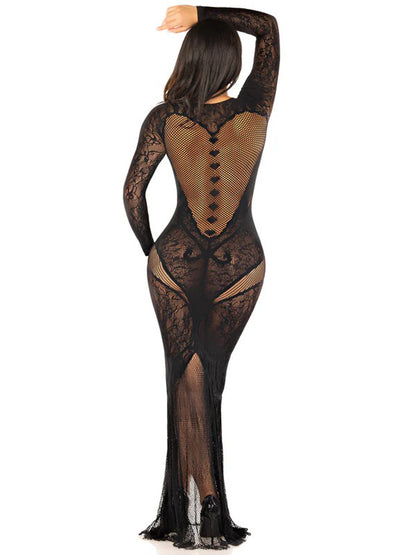 Black Lace and Net Body Con Gown - With Heart Keyhole Detail - Os | 714718573878 | Available at EroticWarehouse.com