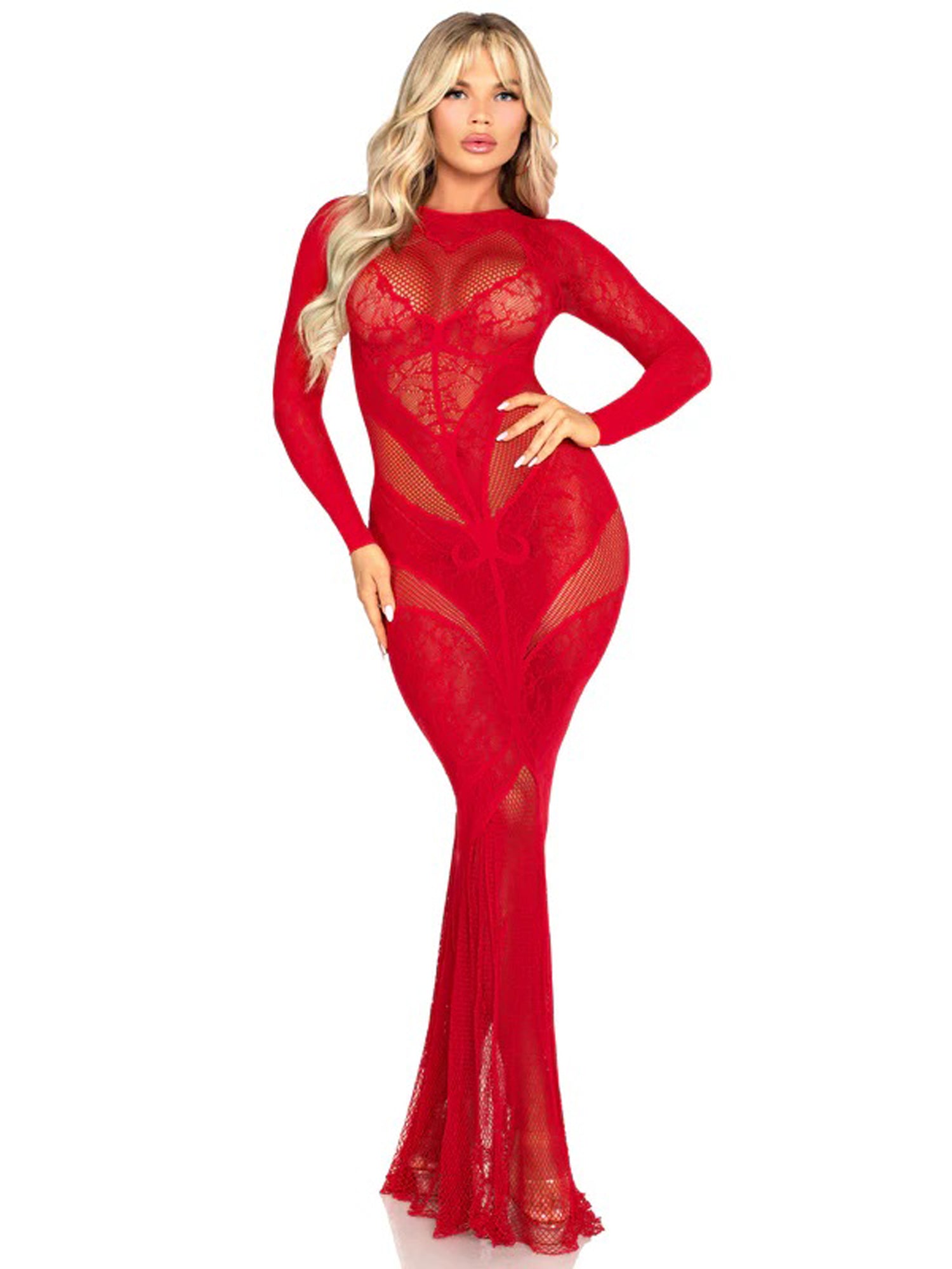 Red Lace and Net Body Con Gown - With Heart Keyhole Detail - Os | 714718573885 | Available at EroticWarehouse.com