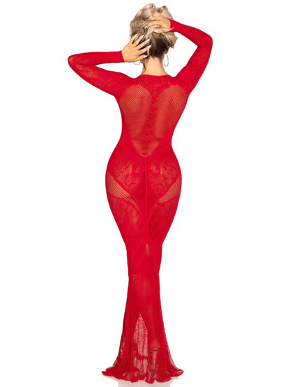 Red Lace and Net Body Con Gown - With Heart Keyhole Detail - Os | 714718573885 | Available at EroticWarehouse.com
