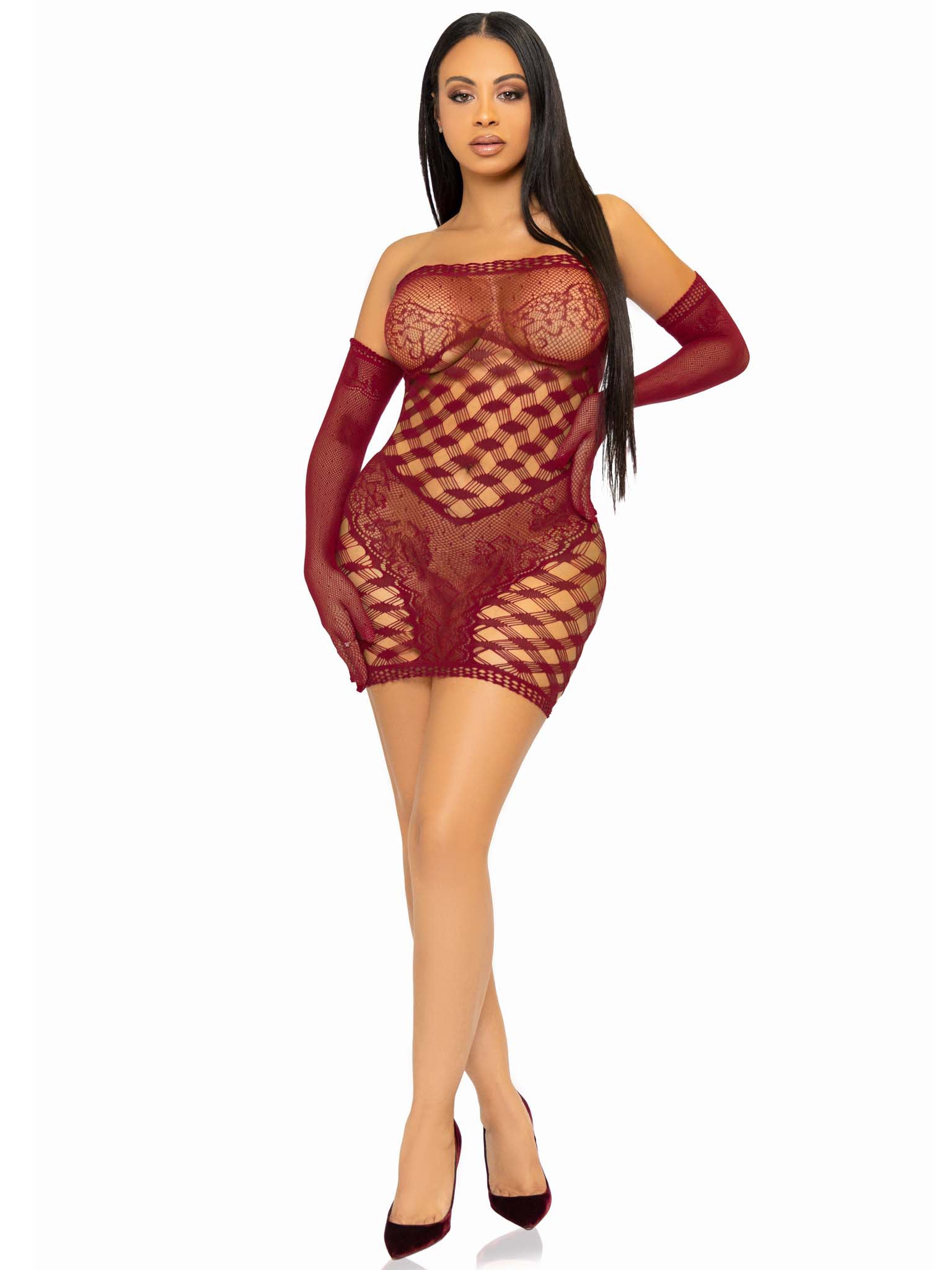 2 Pc Hardcore Net Tube Dress With Gloves - One Size - Burgundy | 714718565422 | Available at EroticWarehouse.com