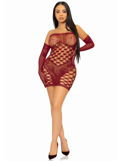 2 Pc Hardcore Net Tube Dress With Gloves - One Size - Burgundy | 714718565422 | Available at EroticWarehouse.com
