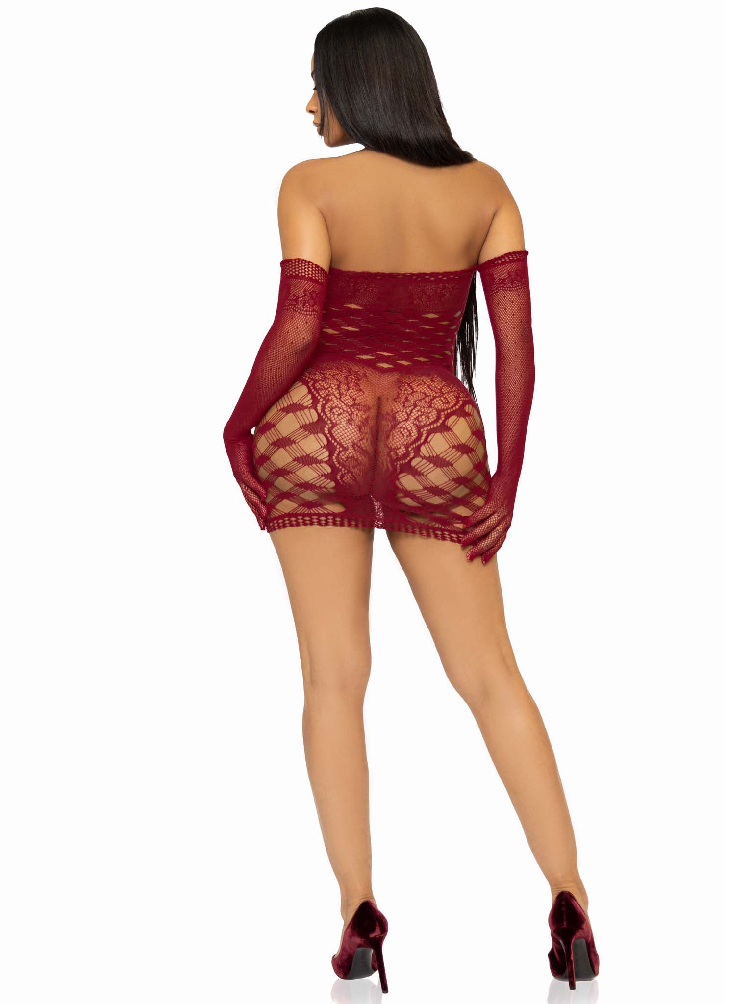 2 Pc Hardcore Net Tube Dress With Gloves - One Size - Burgundy | 714718565422 | Available at EroticWarehouse.com