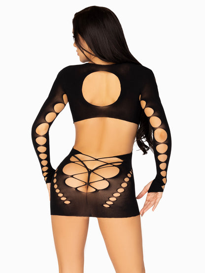 Seamless Cut Out Long Sleeve Mini Dress With Faux Lace Up Detail - One Size - Black | 714718566269 | Available at EroticWarehouse.com