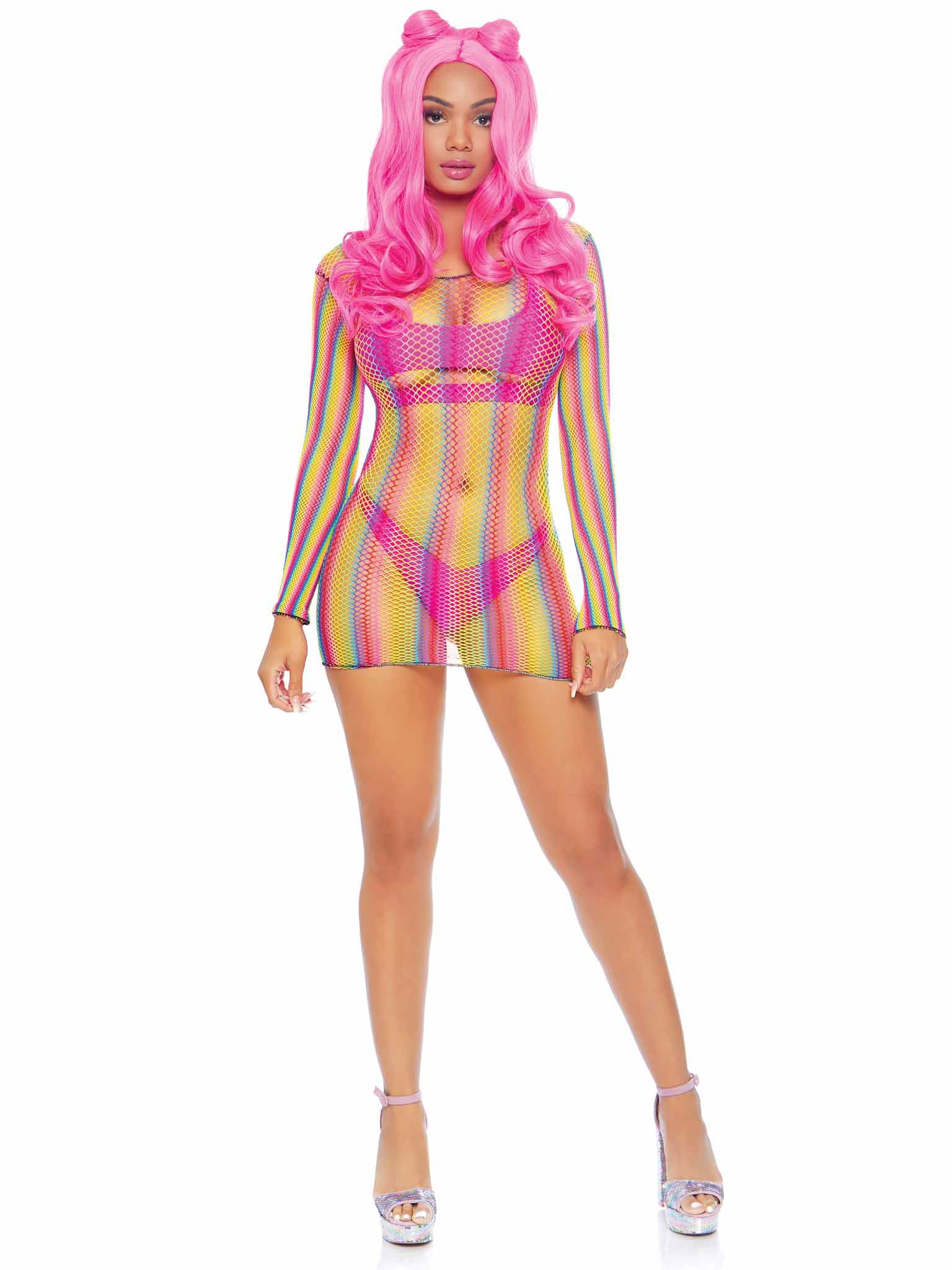 Rainbow Fishnet Long Sleeved Mini Dress - One Size - Rainbow | 714718542379 | Available at EroticWarehouse.com