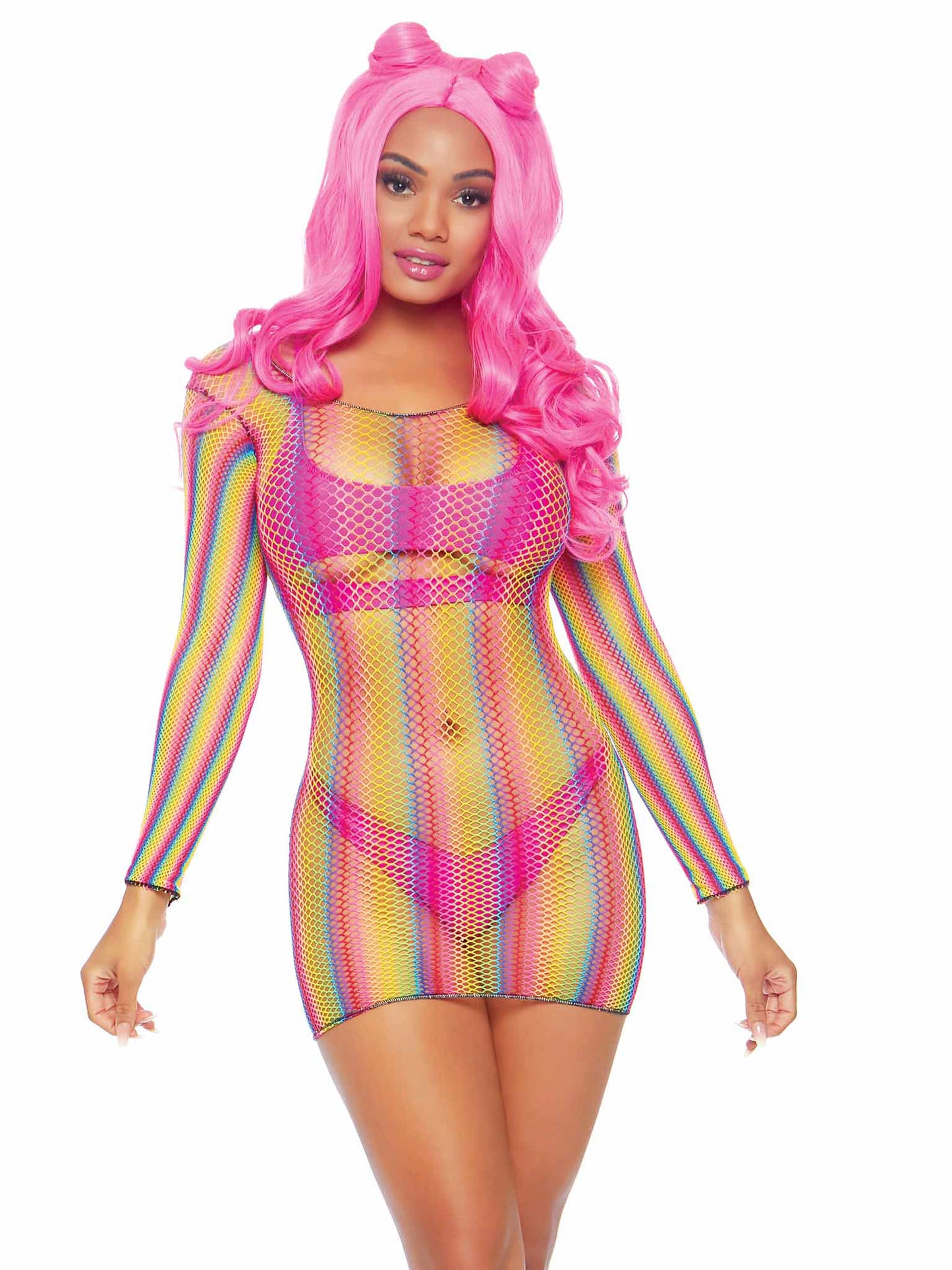 Rainbow Fishnet Long Sleeved Mini Dress - One Size - Rainbow | 714718542379 | Available at EroticWarehouse.com