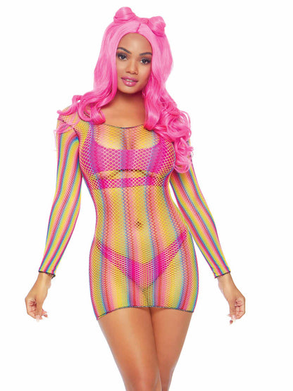 Rainbow Fishnet Long Sleeved Mini Dress - One Size - Rainbow | 714718542379 | Available at EroticWarehouse.com