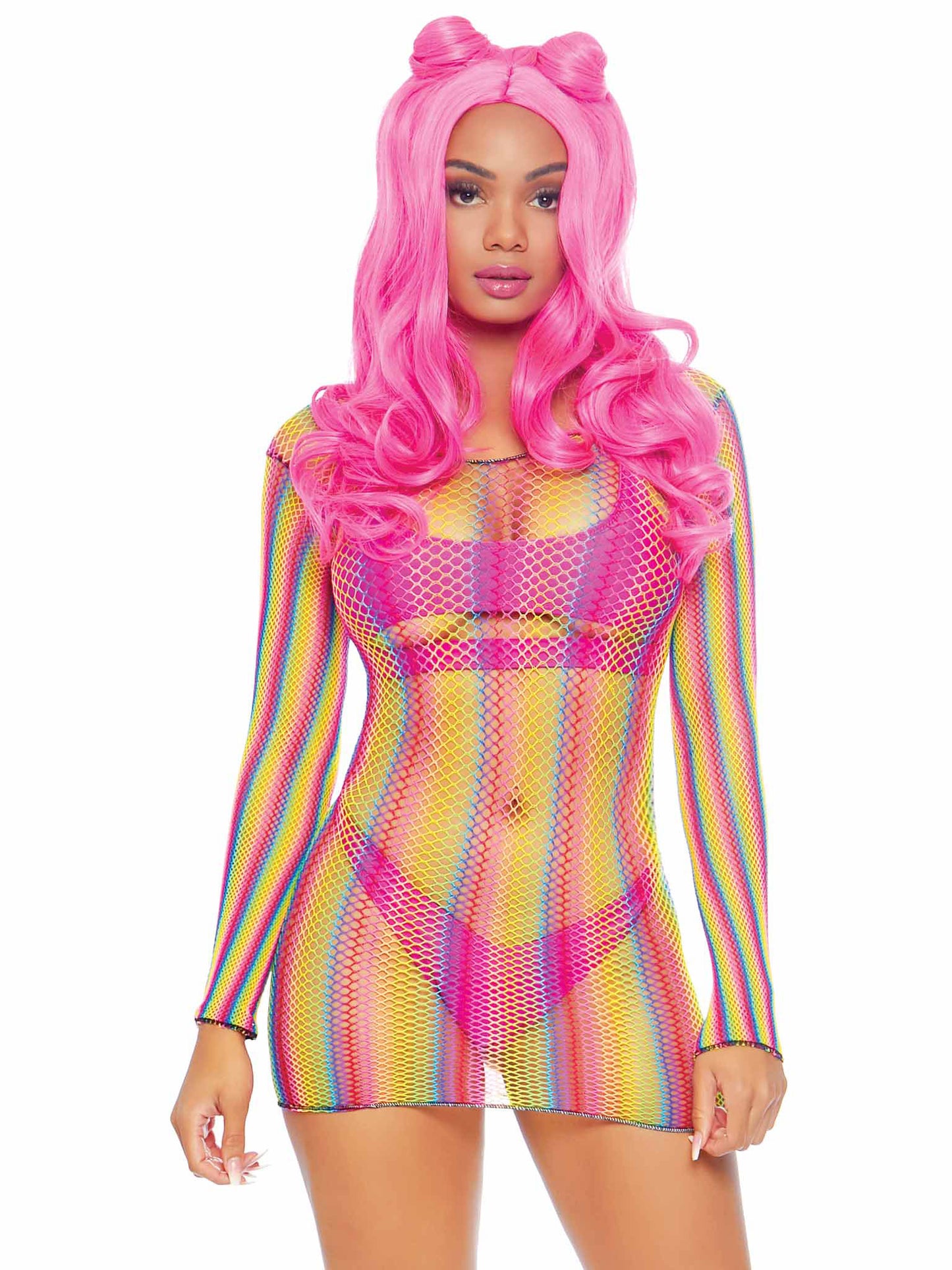 Rainbow Fishnet Long Sleeved Mini Dress - One Size - Rainbow | 714718542379 | Available at EroticWarehouse.com