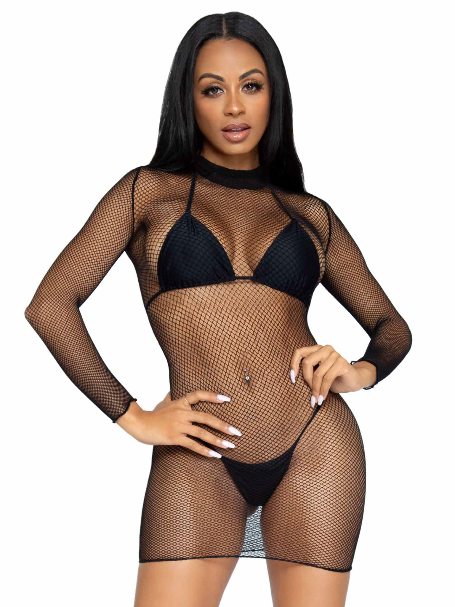 Ultra Net Long Sleeve High Neck Mini Dress - One Size - Black | 714718542164 | Available at EroticWarehouse.com