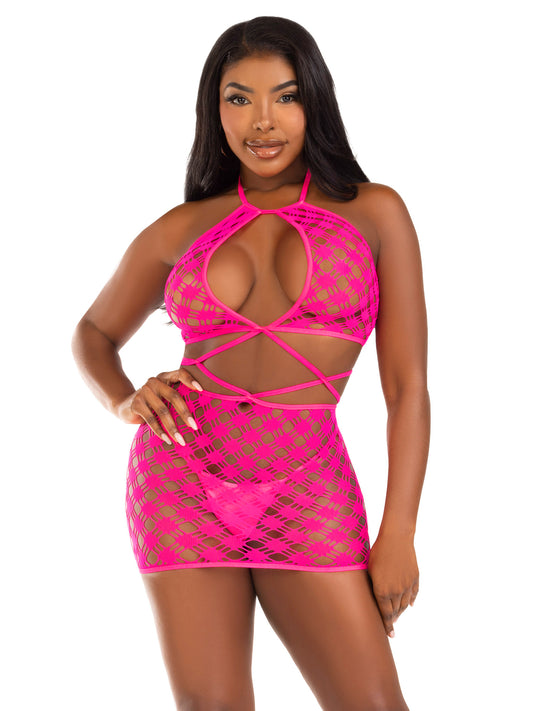 Keyhole Halter Hardcore Net Mini Dress - One Size - Neon Pink | 714718570945 | Available at EroticWarehouse.com