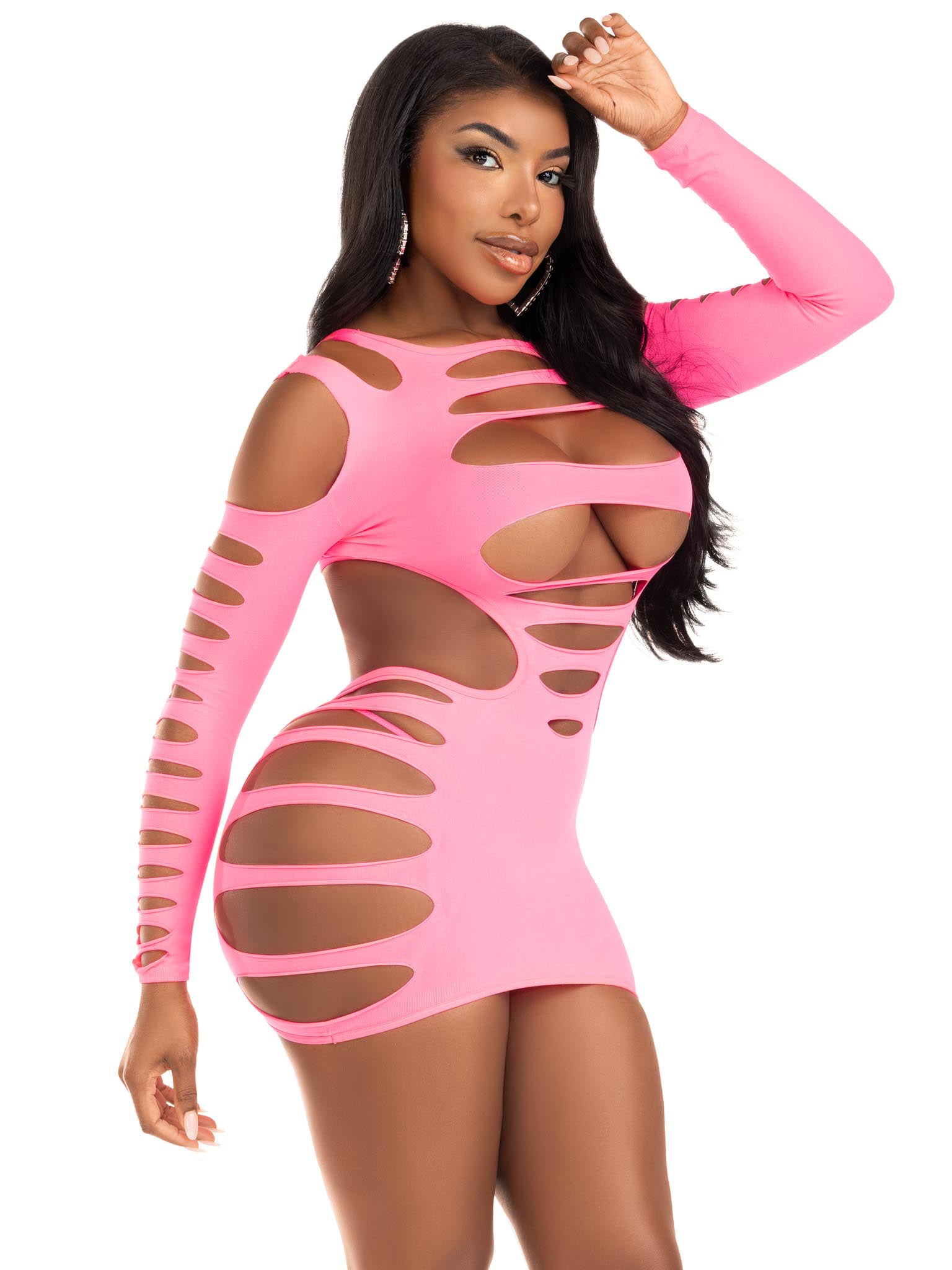 Opaque Shredded Cut Out Mini Dress - One Size - Neon Pink | 714718571010 | Available at EroticWarehouse.com