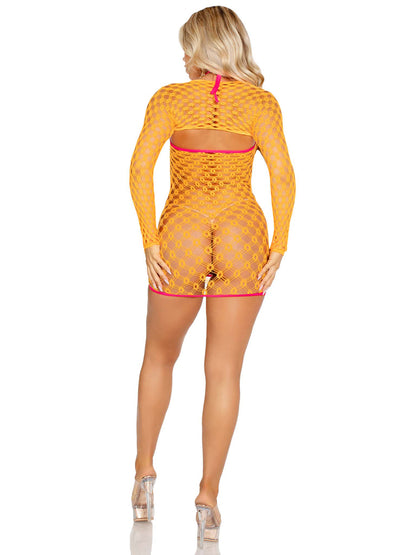 2 Pc Eyelet Net Mini Dress With Tie- Front Keyhole and Shrug O/s - Neon Orange | 714718575100 | Available at EroticWarehouse.com