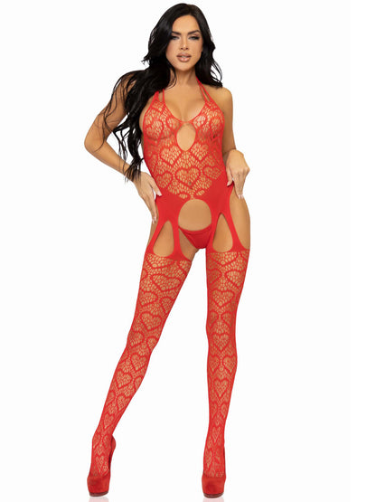 Seamless Heart Net Suspender Bodystocking - One Size - Red | 714718565347 | Available at EroticWarehouse.com