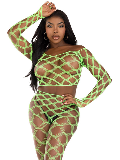 2 Pc Net Crop Top and Footless Tights - One Size - Neon Green | 714718570761 | Available at EroticWarehouse.com
