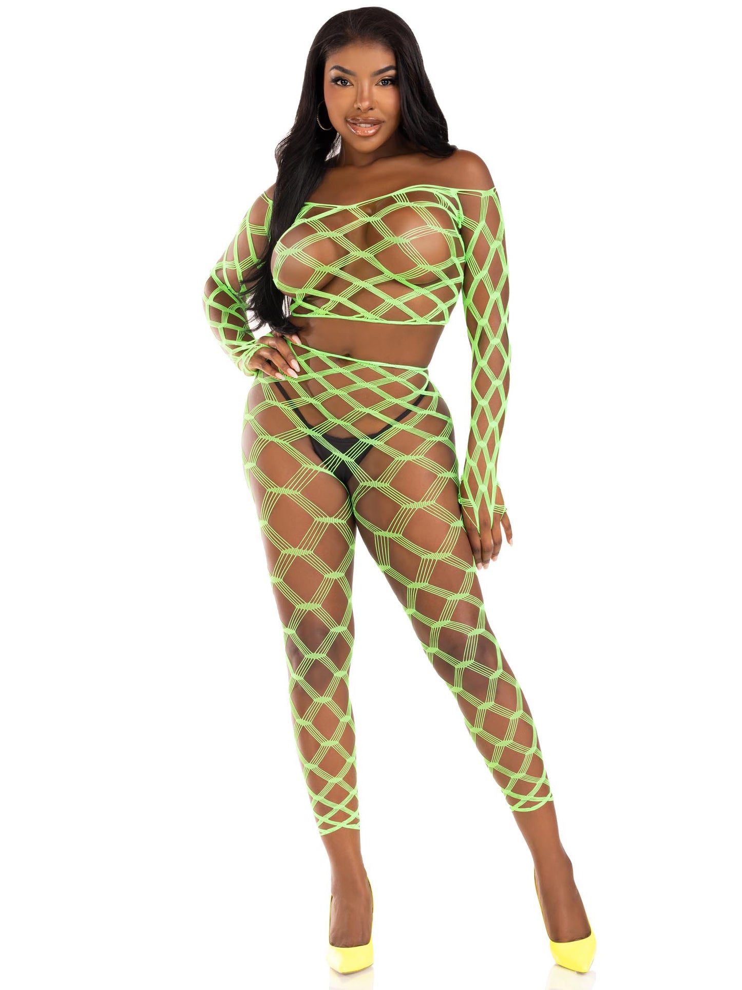 2 Pc Net Crop Top and Footless Tights - One Size - Neon Green | 714718570761 | Available at EroticWarehouse.com