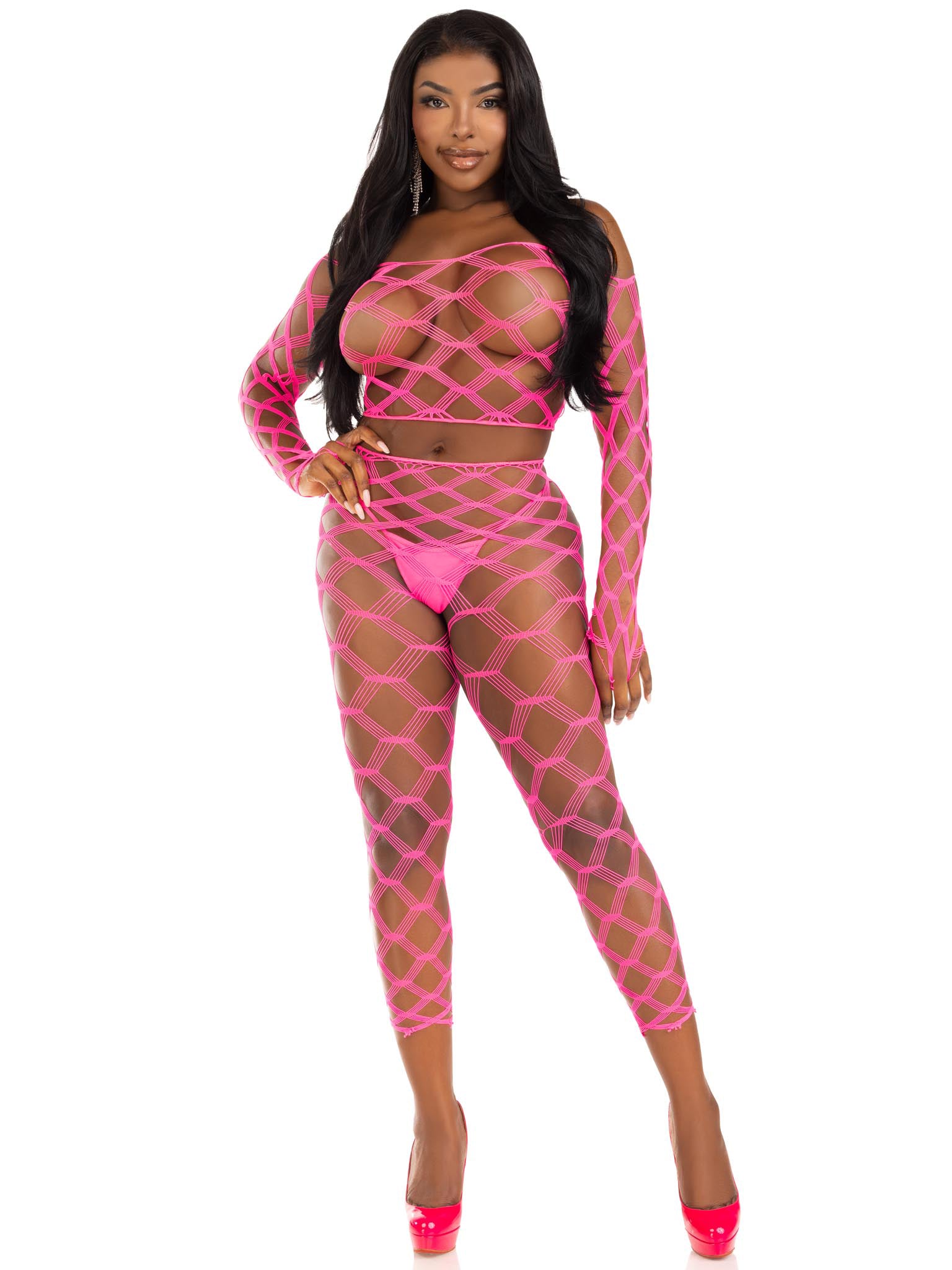 2 Pc Net Crop Top and Footless Tights - One Size - Neon Pink | 714718570754 | Available at EroticWarehouse.com