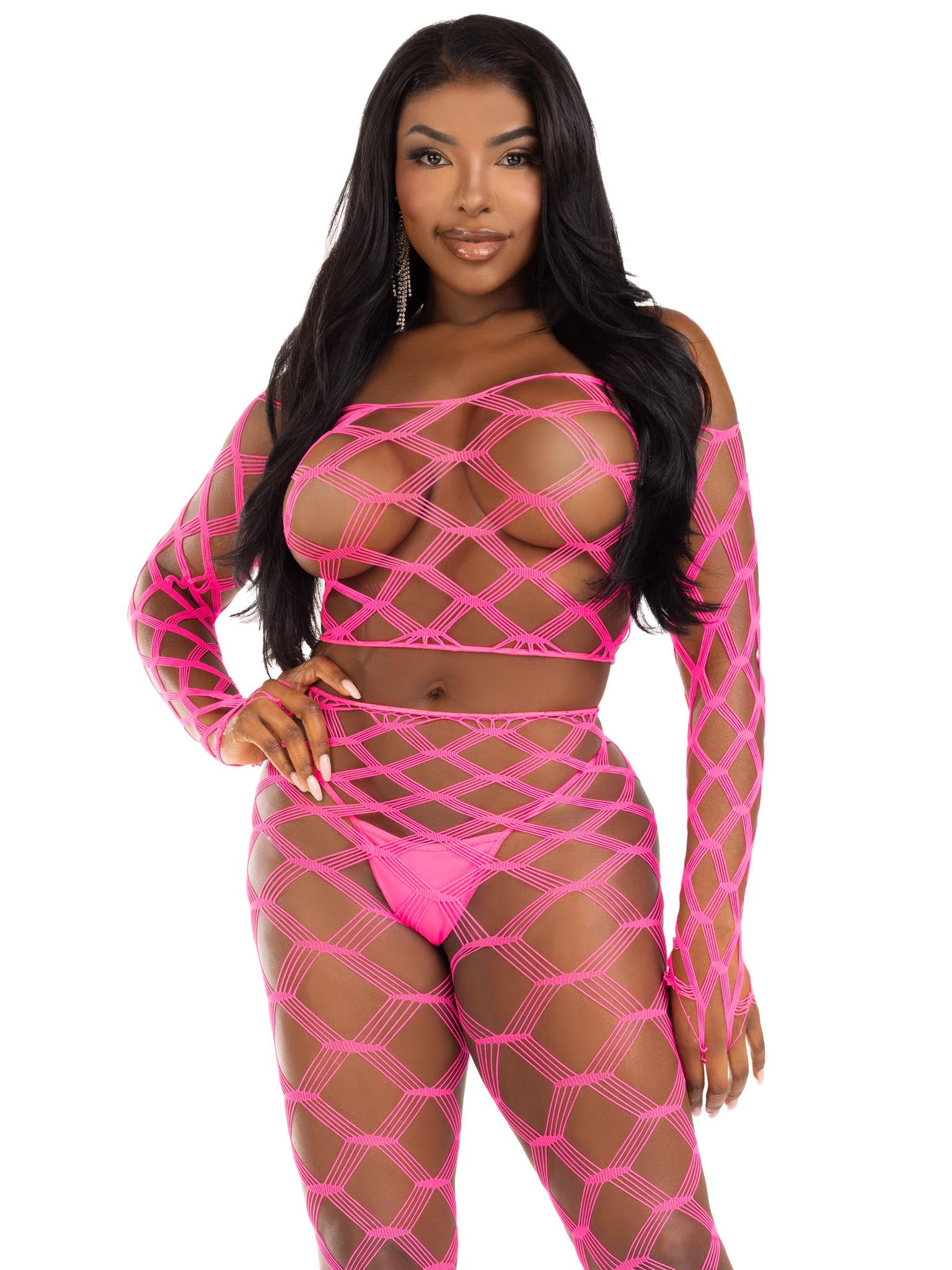 2 Pc Net Crop Top and Footless Tights - One Size - Neon Pink | 714718570754 | Available at EroticWarehouse.com