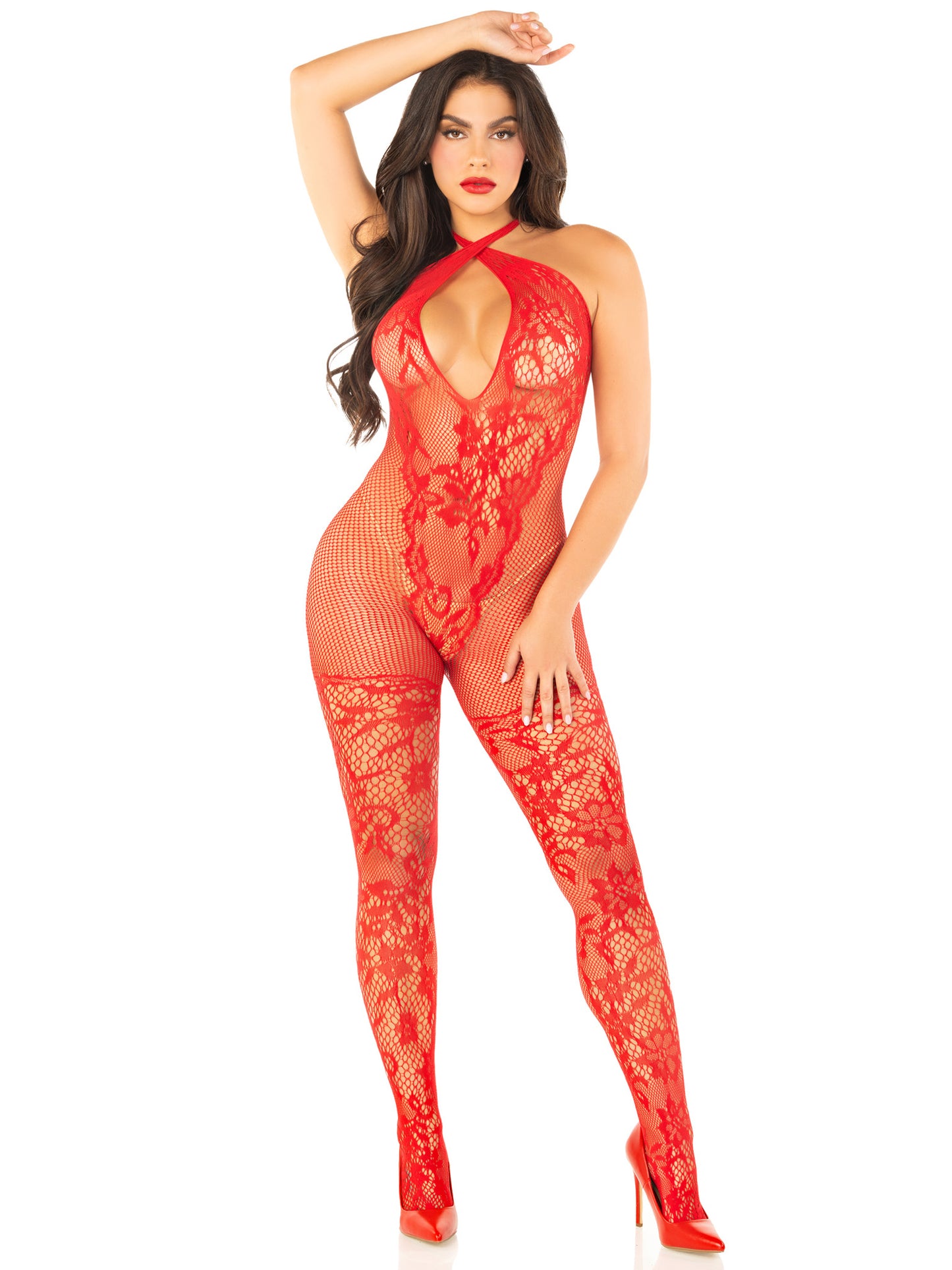 Red Seamless Net and Lace Lingerie Jumpsuit - With Keyhole Crossover Halter - Os | 714718573809 | Available at EroticWarehouse.com