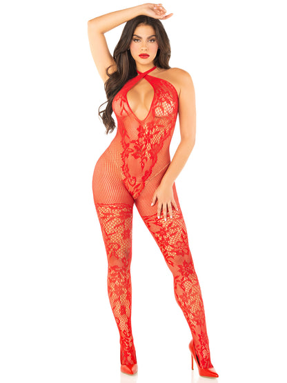 Red Seamless Net and Lace Lingerie Jumpsuit - With Keyhole Crossover Halter - Os | 714718573809 | Available at EroticWarehouse.com