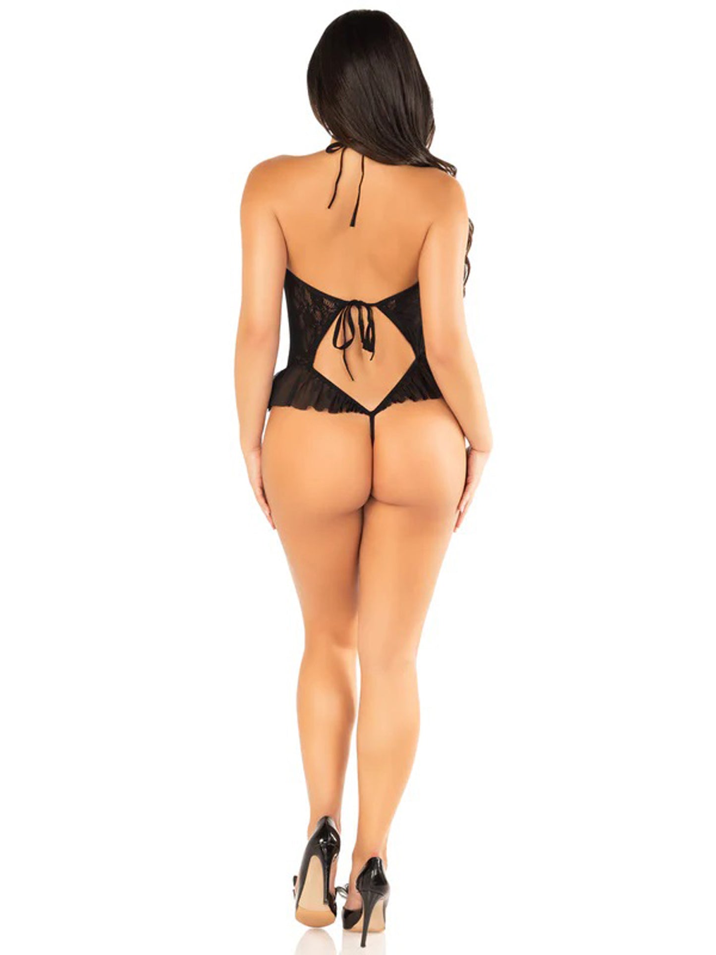 Black Floral Lace Halter Bodysuit with Mini Bow - and Flutter Accent - Os | 714718573854 | Available at EroticWarehouse.com