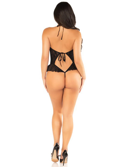 Black Floral Lace Halter Bodysuit with Mini Bow - and Flutter Accent - Os | 714718573854 | Available at EroticWarehouse.com