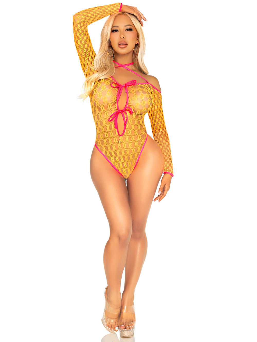Eyelet Net Teddy With Tie-Front Keyhole Detail O/s - Neon Orange | 714718574417 | Available at EroticWarehouse.com