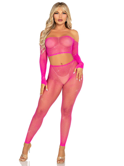 Rhinestone Fishnet Crop Top and Footless Tights O/s - Neon Pink | 714718574523 | Available at EroticWarehouse.com
