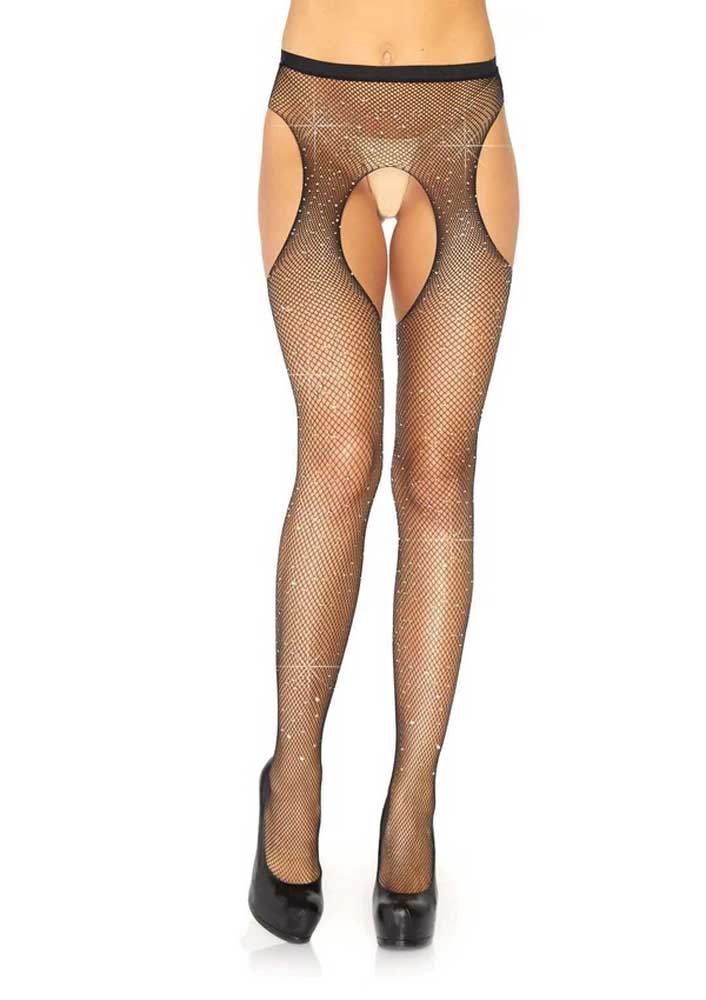 Casey Rhinestone Fishnet Suspender Pantyhose - One Size - Black | 714718541068 | Available at EroticWarehouse.com