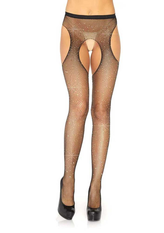 Casey Rhinestone Fishnet Suspender Pantyhose - One Size - Black | 714718541068 | Available at EroticWarehouse.com