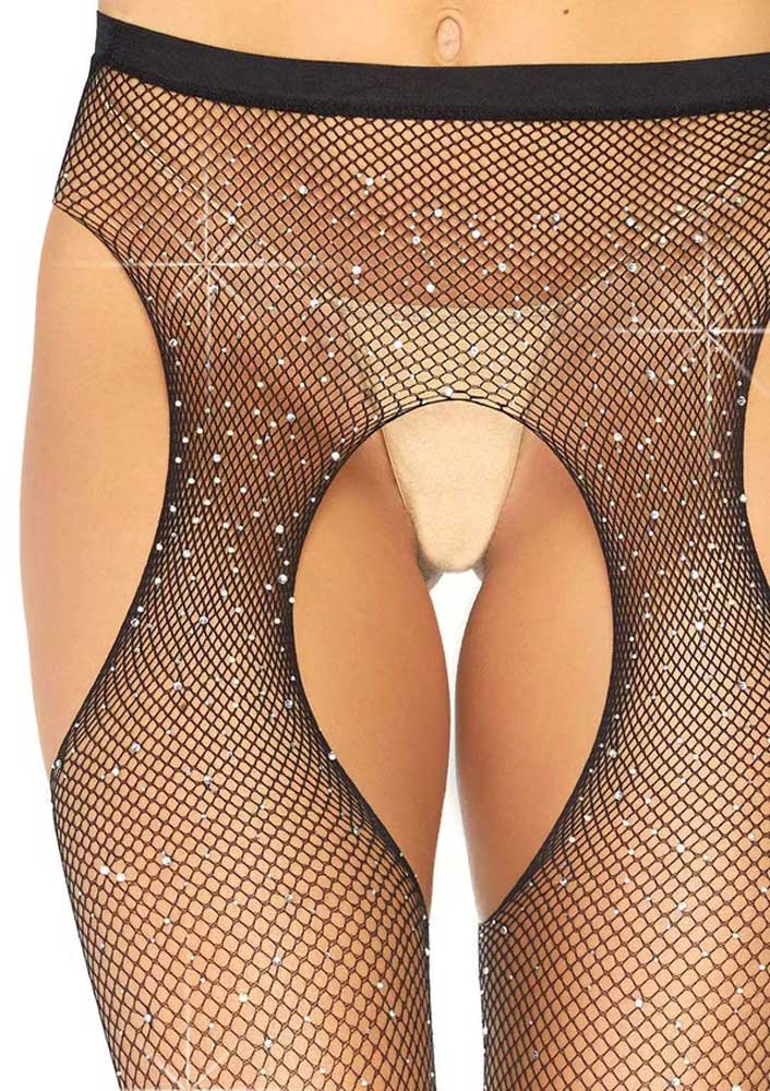 Casey Rhinestone Fishnet Suspender Pantyhose - One Size - Black | 714718541068 | Available at EroticWarehouse.com