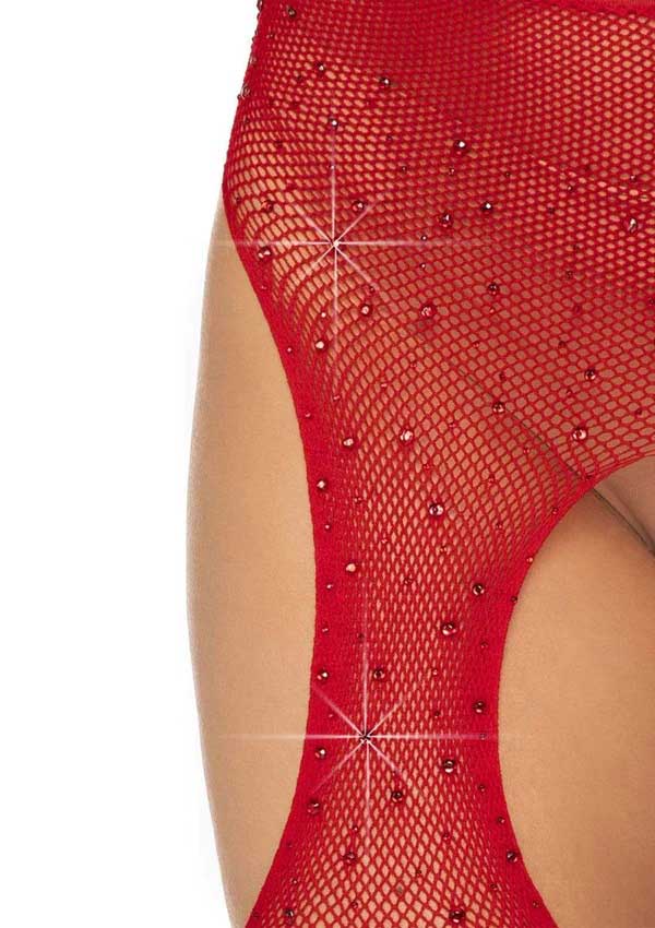 Casey Rhinestone Fishnet Suspender Pantyhose - One Size - Red | 714718548043 | Available at EroticWarehouse.com