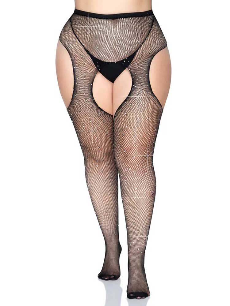Casey Rhinestone Fishnet Suspender Pantyhose - Queen - Black | 714718541884 | Available at EroticWarehouse.com