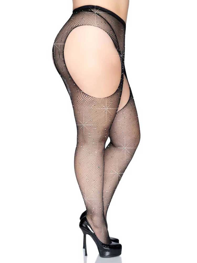 Casey Rhinestone Fishnet Suspender Pantyhose - Queen - Black | 714718541884 | Available at EroticWarehouse.com