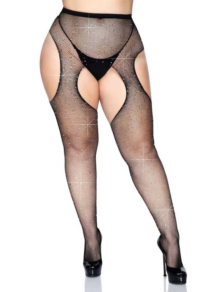 Casey Rhinestone Fishnet Suspender Pantyhose - Queen - Black | 714718541884 | Available at EroticWarehouse.com