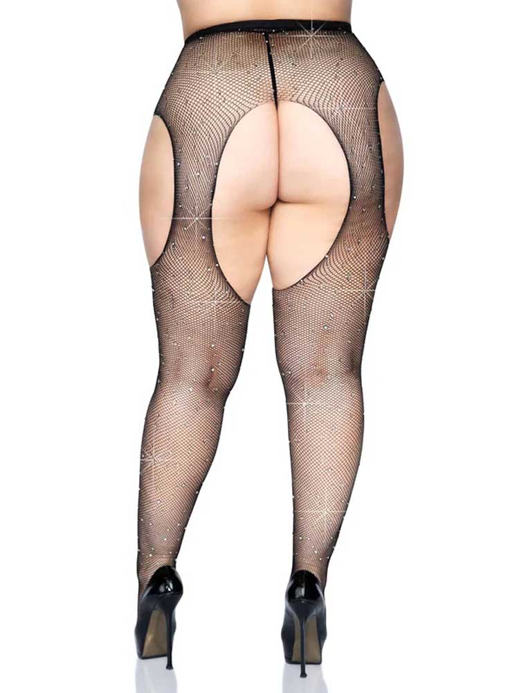 Casey Rhinestone Fishnet Suspender Pantyhose - Queen - Black | 714718541884 | Available at EroticWarehouse.com