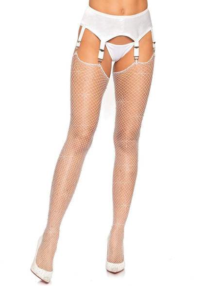 Rhinestone Fishnet Stockings - One Size - White | 714718548326 | Available at EroticWarehouse.com