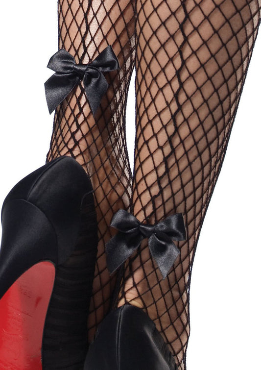 Stay Up Industrial Net Backseam Thigh Highs With Lace Top and Satin Bow Accent - One Size - Black | 714718397511 | Available at EroticWarehouse.com
