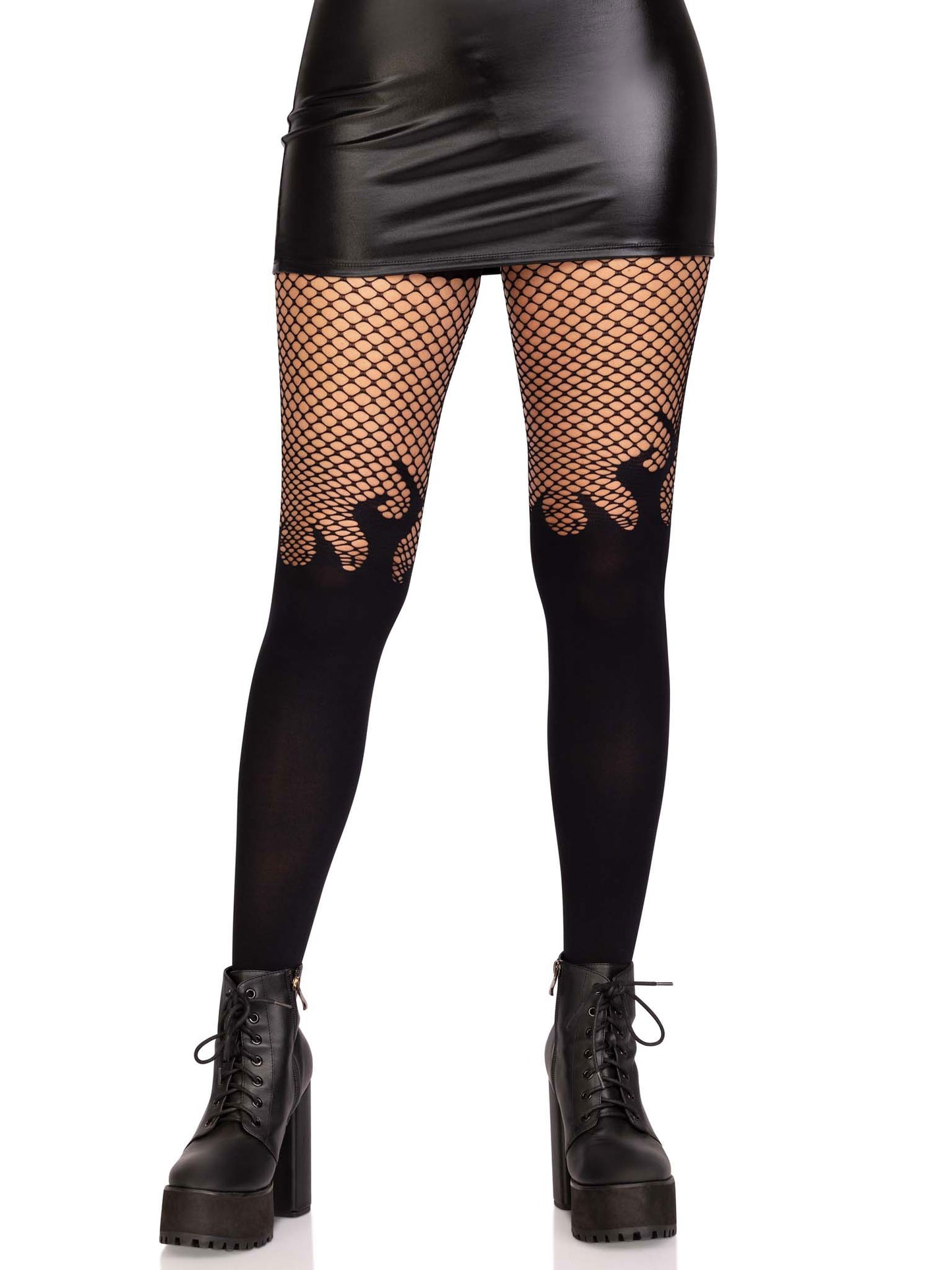 Opaque Flame Tights With Fishnet Top - One Size - Black | 714718565767 | Available at EroticWarehouse.com