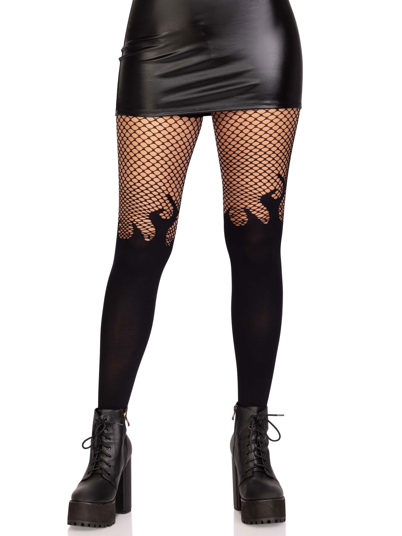 Opaque Flame Tights With Fishnet Top - One Size - Black | 714718565767 | Available at EroticWarehouse.com