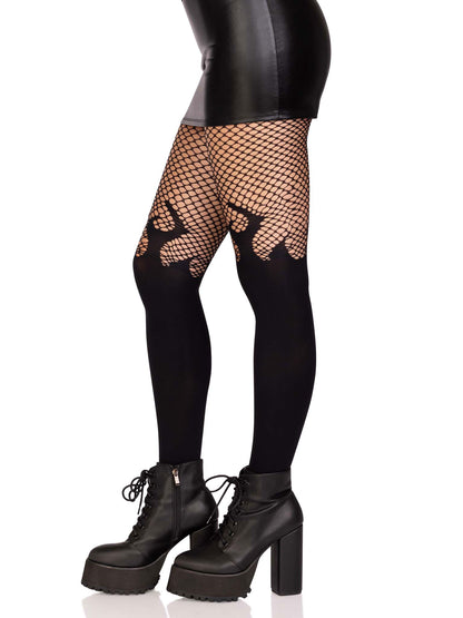 Opaque Flame Tights With Fishnet Top - One Size - Black | 714718565767 | Available at EroticWarehouse.com