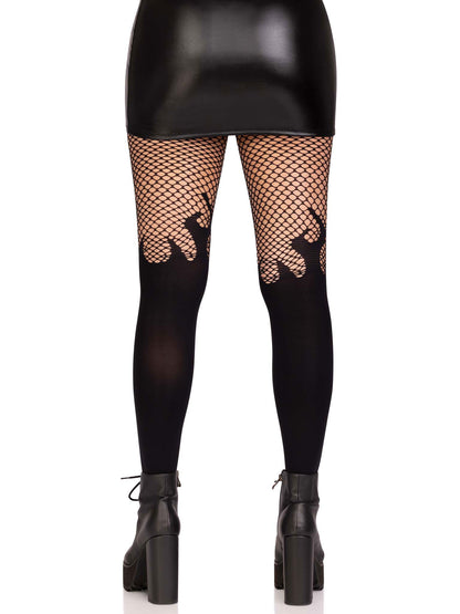 Opaque Flame Tights With Fishnet Top - One Size - Black | 714718565767 | Available at EroticWarehouse.com