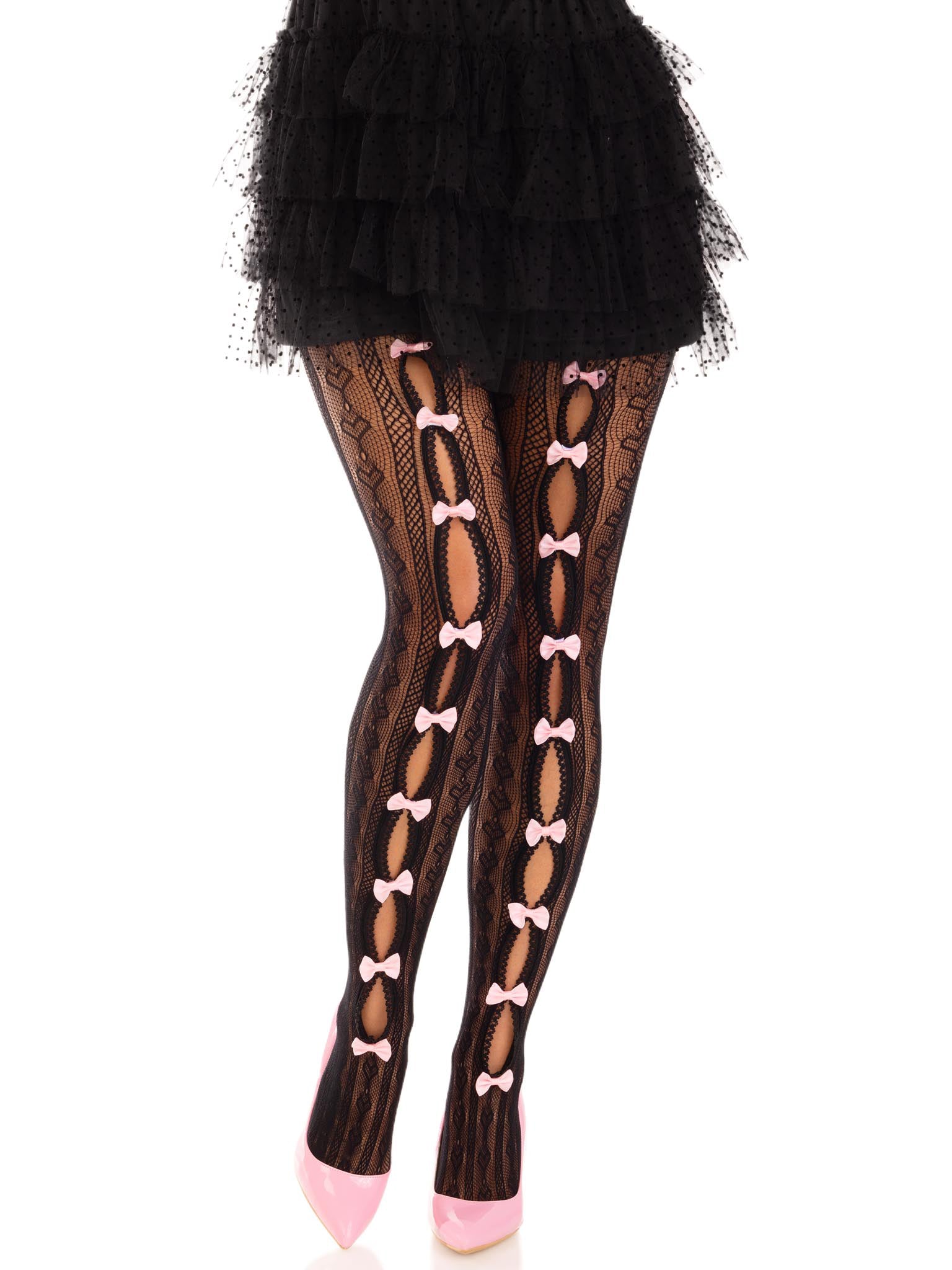 Sweetheart Striped Net Tights With Keyhole and Mini Bow Detail - One Size - Black | 714718570457 | Available at EroticWarehouse.com