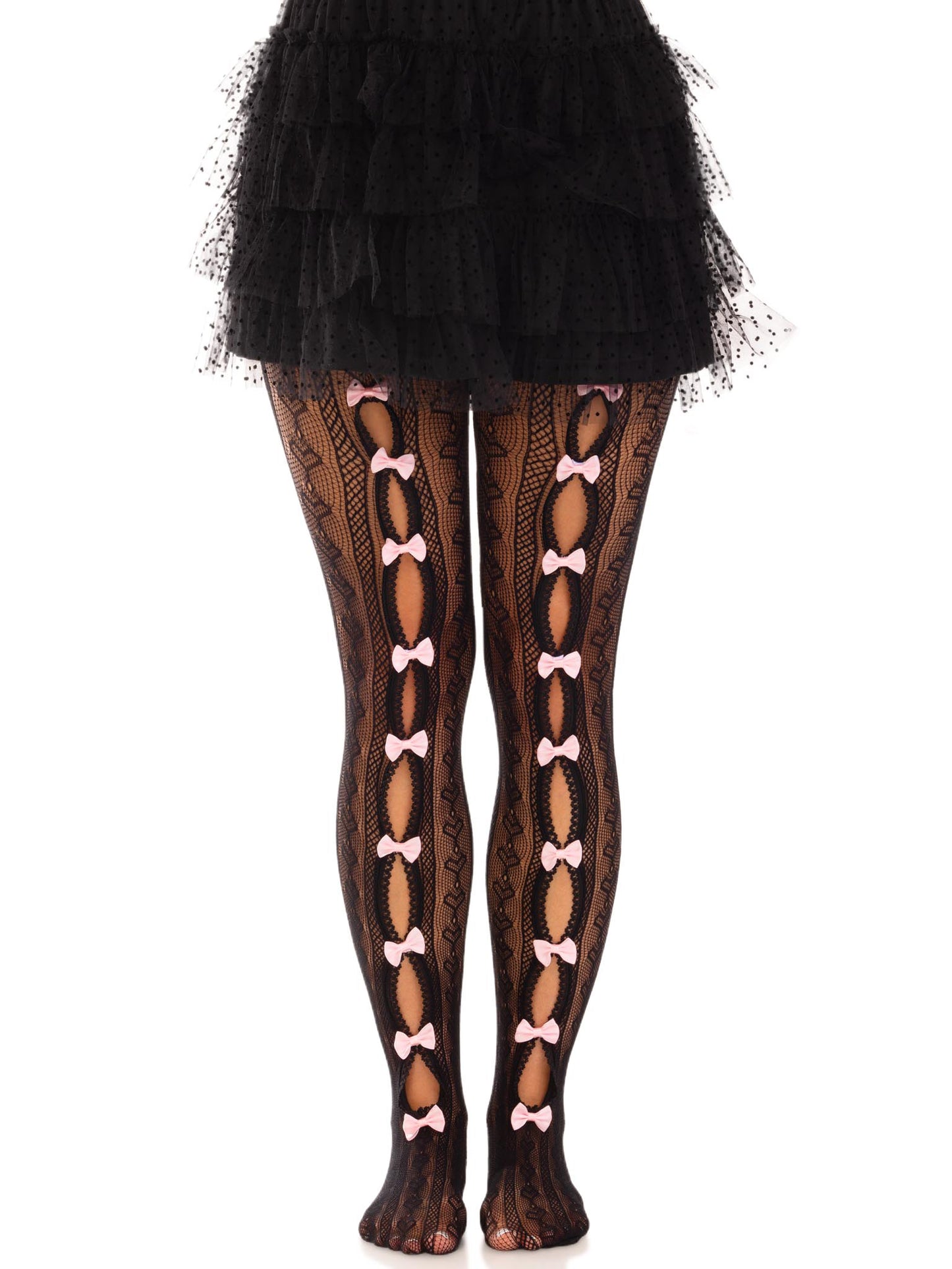 Sweetheart Striped Net Tights With Keyhole and Mini Bow Detail - One Size - Black | 714718570457 | Available at EroticWarehouse.com